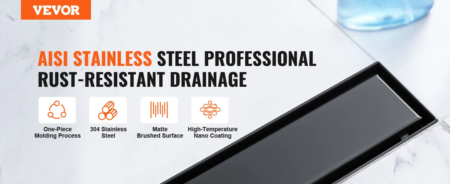 VEVOR linear shower drain in stainless steel with matte brushed surface, rust-resistant drainage, and nano coating.