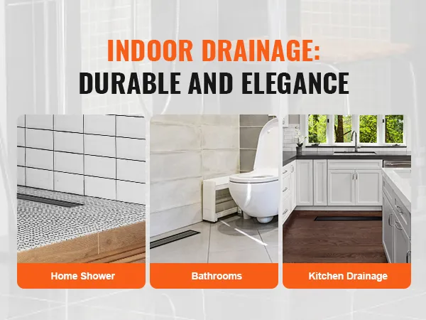 indoor drainage showcase featuring VEVOR linear shower drain in home shower, bathroom, and kitchen settings.