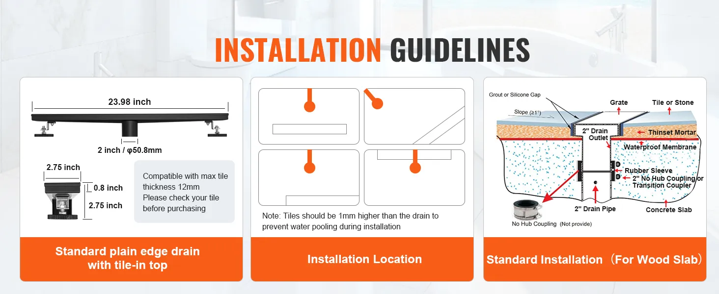 installation guidelines for VEVOR linear shower drain, measurements, compatible tile thickness, installation steps.