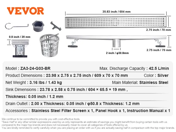 VEVOR linear shower drain with dimensions and accessories detailed, made of stainless steel, silver color.