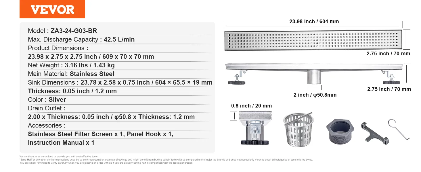 VEVOR linear shower drain with dimensions and accessories detailed, made of stainless steel, silver color.