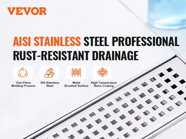 VEVOR linear shower drain, aisi stainless steel, rust-resistant, 304 stainless, matte brushed surface.