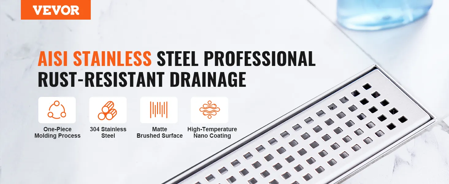 VEVOR linear shower drain, aisi stainless steel, rust-resistant, 304 stainless, matte brushed surface.