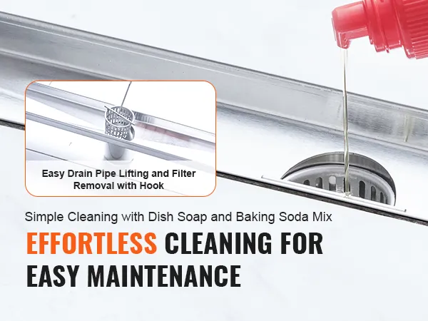 hand lifting pipe with hook and pouring cleaning solution in VEVOR linear shower drain for easy maintenance.