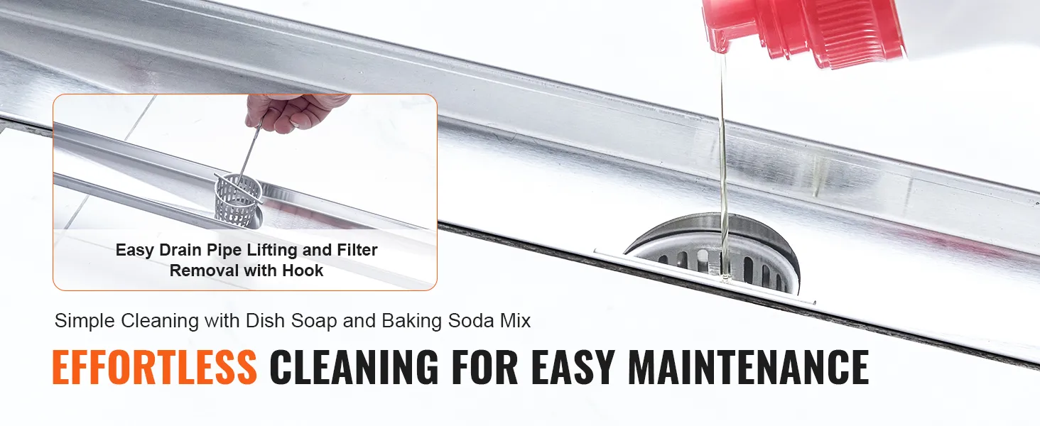 hand lifting pipe with hook and pouring cleaning solution in VEVOR linear shower drain for easy maintenance.