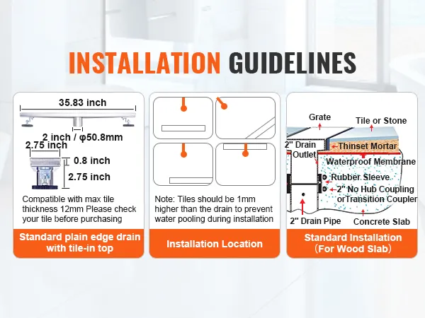 installation guidelines for VEVOR linear shower drain with dimensions and standard installation instructions.