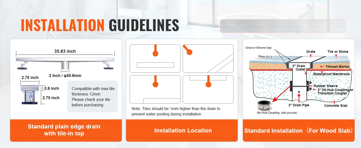 installation guidelines for VEVOR linear shower drain with dimensions and standard installation instructions.