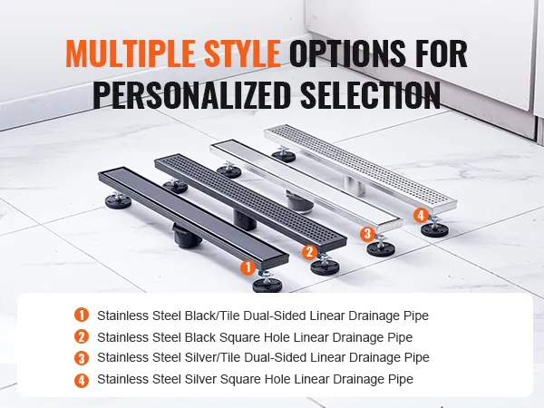 multiple styles of VEVOR linear shower drains in stainless steel, black, and silver for personalized selection.