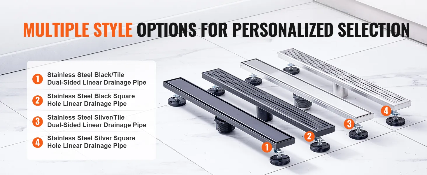 multiple styles of VEVOR linear shower drains in stainless steel, black, and silver for personalized selection.
