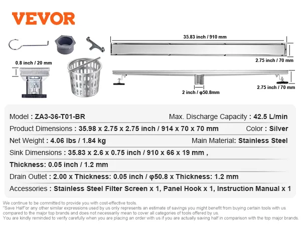 VEVOR linear shower drain with stainless steel body, detailed dimensions, and included accessories.