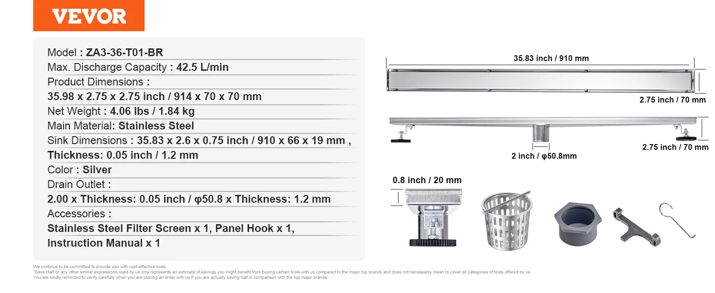 VEVOR linear shower drain with stainless steel body, detailed dimensions, and included accessories.