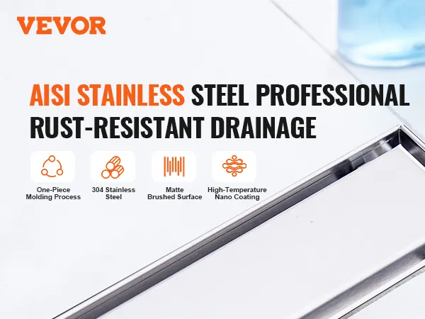 VEVOR linear shower drain with aisi stainless steel, rust-resistant matte brushed surface, and nano coating.