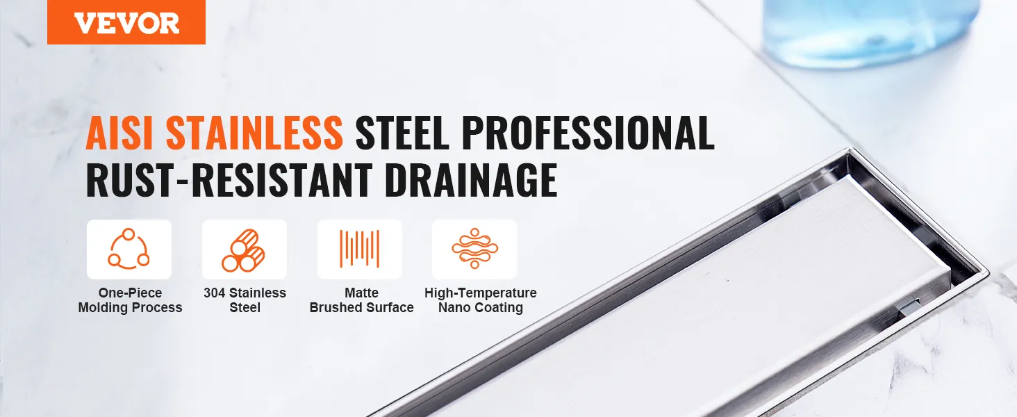 VEVOR linear shower drain with aisi stainless steel, rust-resistant matte brushed surface, and nano coating.