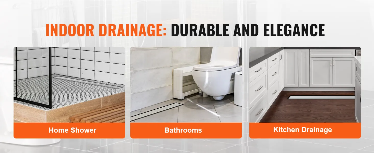 indoor drainage solutions from VEVOR: linear shower drain in home showers, bathrooms, kitchens. durable elegance.