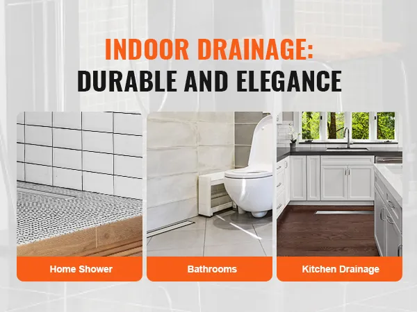 indoor drainage options for home showers, bathrooms, and kitchen drainage showcasing VEVOR linear shower drain.