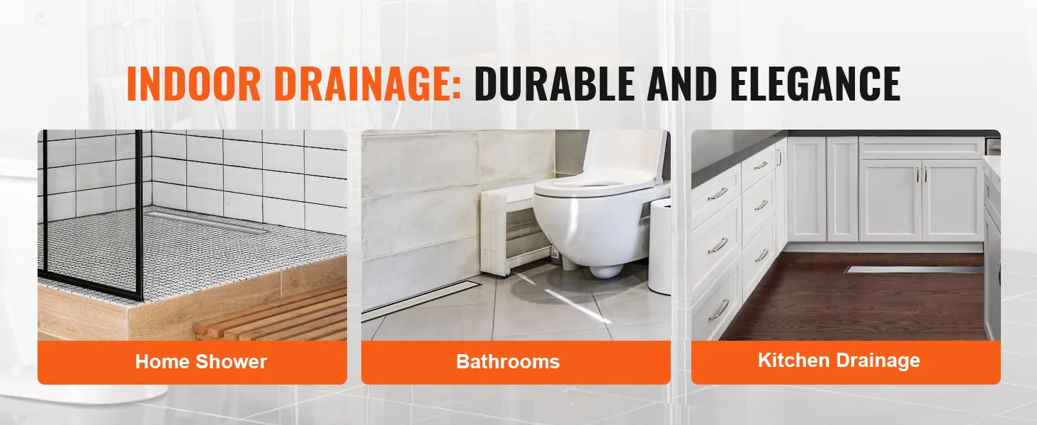 indoor drainage options for home showers, bathrooms, and kitchen drainage showcasing VEVOR linear shower drain.