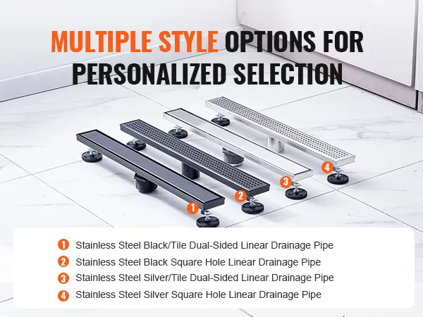 multiple styles of VEVOR linear shower drain in stainless steel for personalized selection.