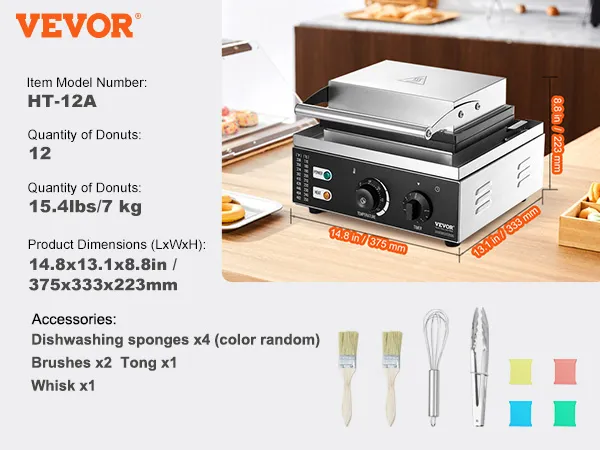 VEVOR electric donut maker ht-12a, makes 12 donuts, with accessories, dimensions 14.8x13.1x8.8in.