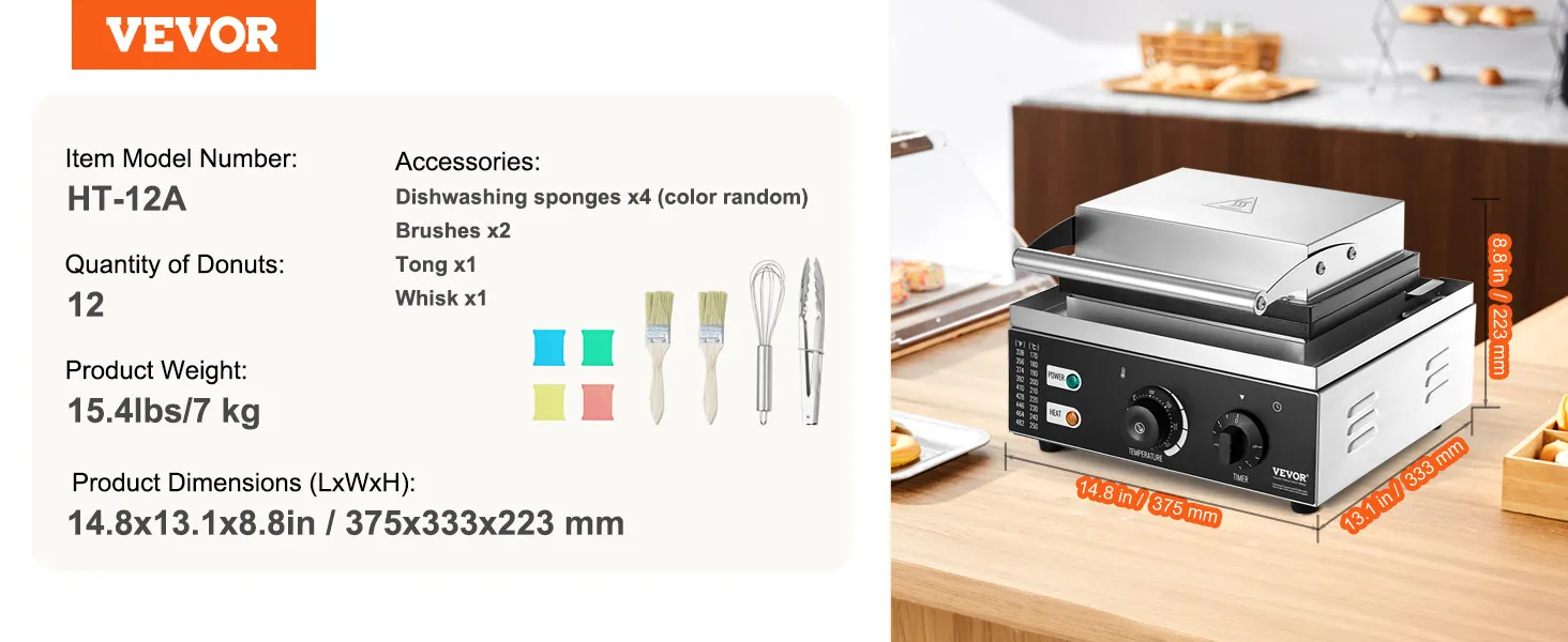 VEVOR electric donut maker ht-12a, makes 12 donuts, with accessories, dimensions 14.8x13.1x8.8in.