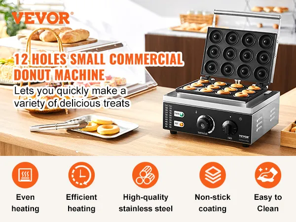 VEVOR electric donut maker with 12-hole capacity, non-stick coating, even heating, easy to clean.