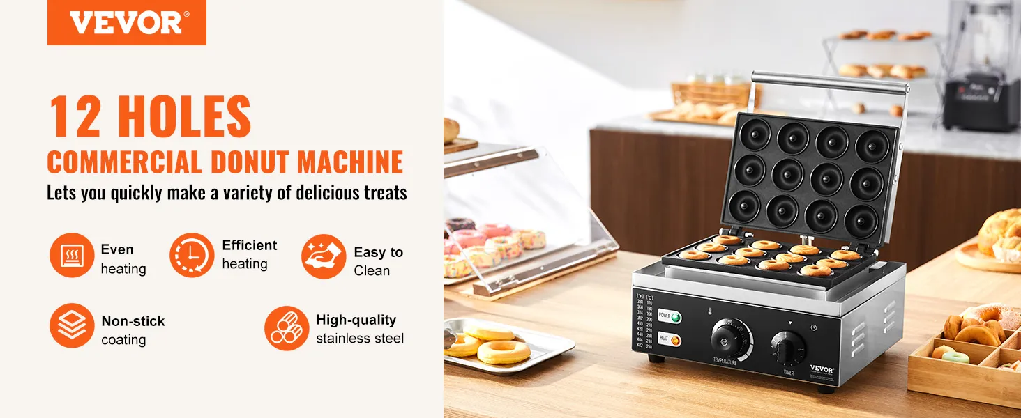 VEVOR electric donut maker with 12-hole capacity, non-stick coating, even heating, easy to clean.
