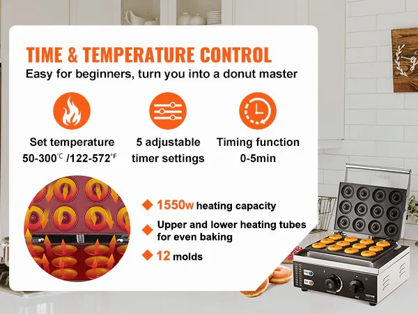 VEVOR electric donut maker with adjustable time and temperature controls, 12 molds, and 1550w capacity.