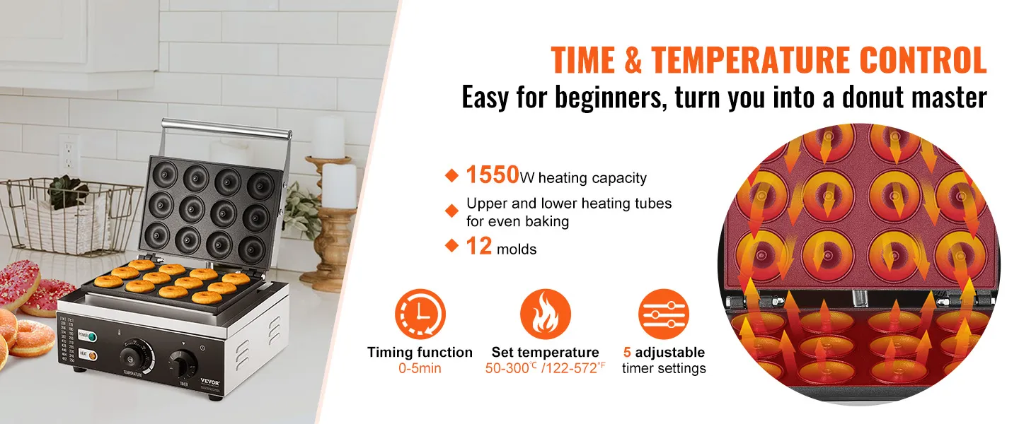 VEVOR electric donut maker with adjustable time and temperature controls, 12 molds, and 1550w capacity.