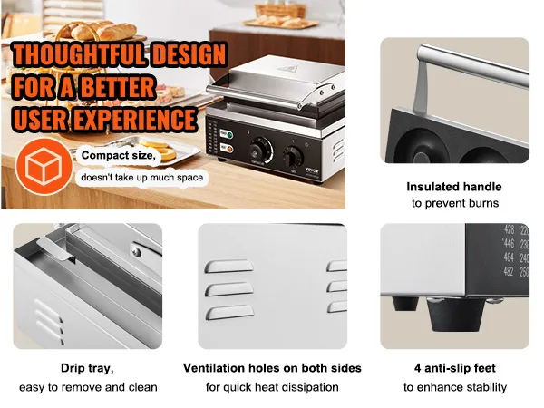 VEVOR electric donut maker with a compact size, insulated handle, drip tray, and ventilation holes.
