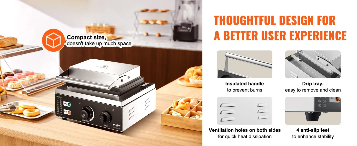 VEVOR electric donut maker with a compact size, insulated handle, drip tray, and ventilation holes.