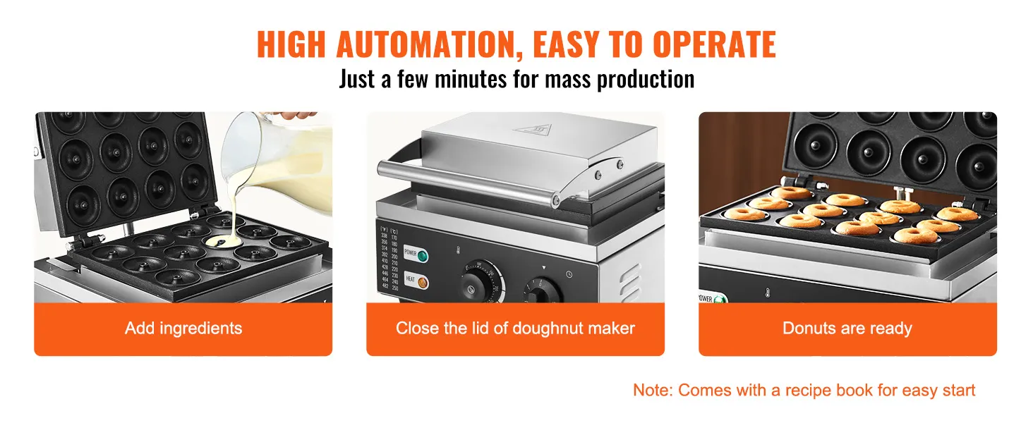 add ingredients, close the lid, and donuts are ready with the VEVOR electric donut maker.