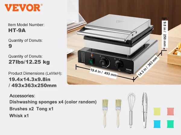 Máquina para hacer donas eléctrica VEVOR ht-9a con accesorios, pesa 27 libras, hace 9 donas, 19,4" x 14,3" x 9,8".