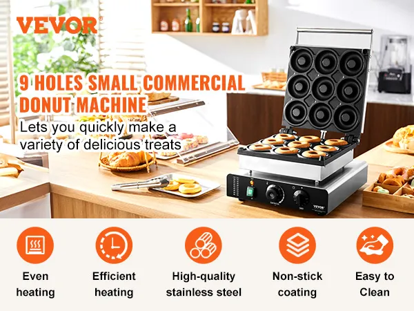 Máquina eléctrica para hacer donas VEVOR con 9 orificios para uso comercial, para hacer donas rápidas, eficientes y deliciosas.
