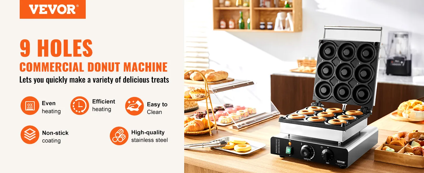 Máquina eléctrica para hacer donas VEVOR con 9 orificios para uso comercial, para hacer donas rápidas, eficientes y deliciosas.