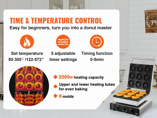 Máquina para hacer donuts eléctrica VEVOR con 9 moldes, calentamiento de 2000 W, control de tiempo y temperatura.