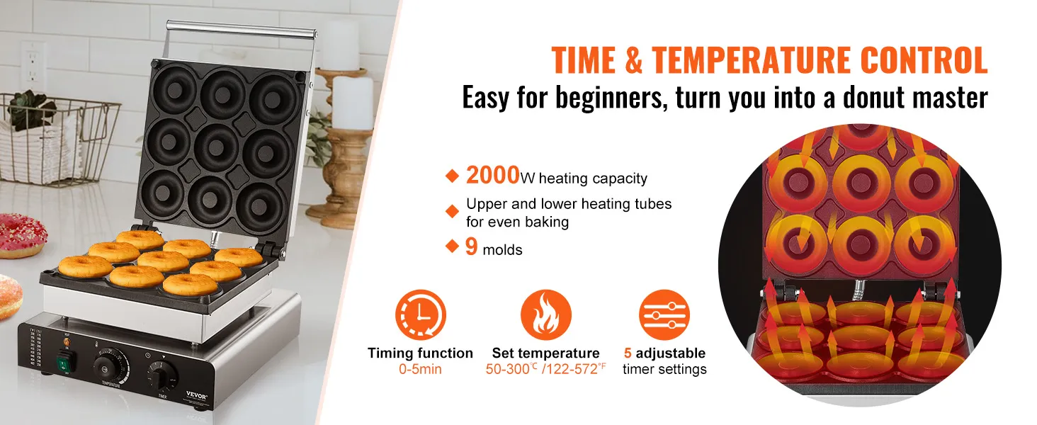 Máquina para hacer donuts eléctrica VEVOR con 9 moldes, calentamiento de 2000 W, control de tiempo y temperatura.