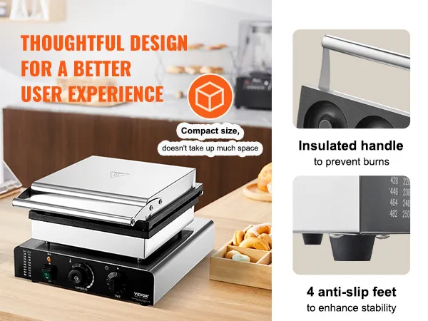 Máquina eléctrica para hacer donas VEVOR en una encimera de cocina con bandejas de donas, destacando su tamaño compacto y sus características de seguridad.