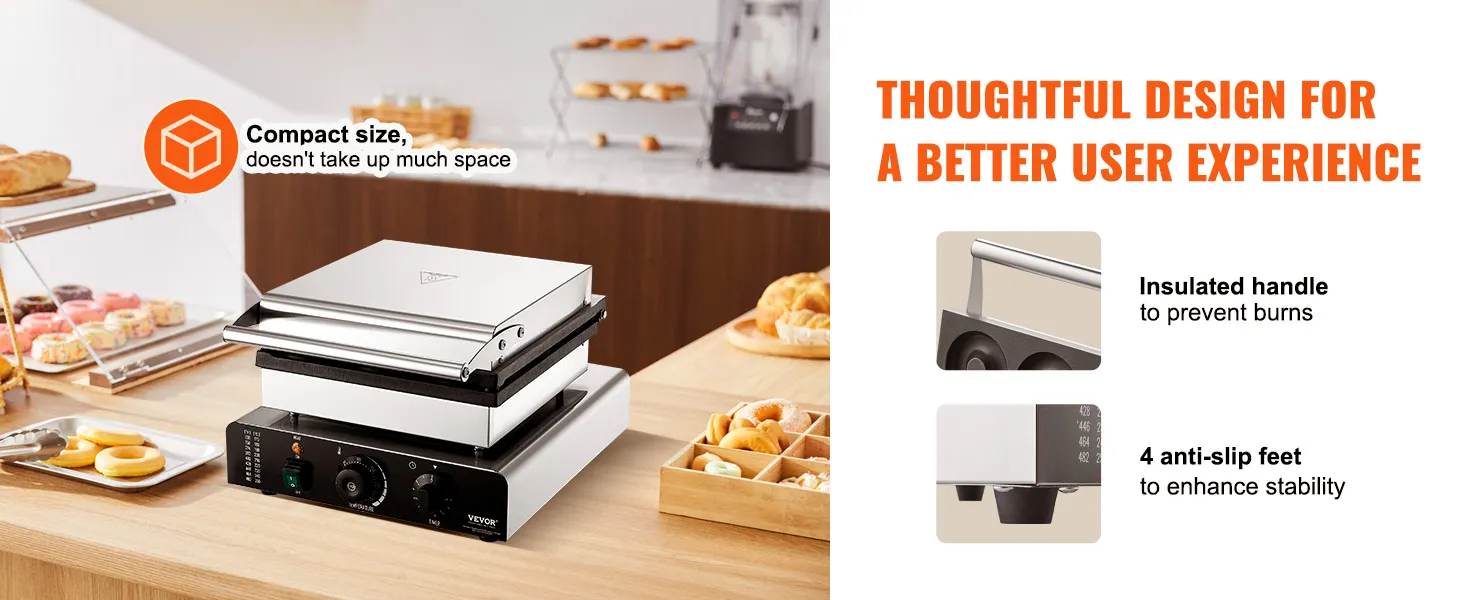 Máquina eléctrica para hacer donas VEVOR en una encimera de cocina con bandejas de donas, destacando su tamaño compacto y sus características de seguridad.