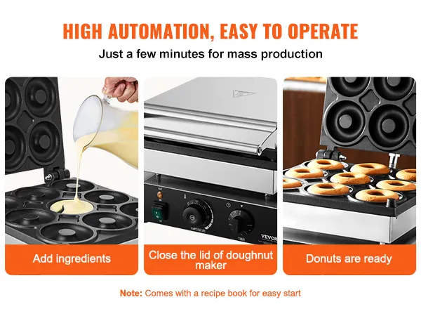 Agregue los ingredientes a la máquina para hacer donas eléctrica VEVOR, cierre la tapa y las donas estarán listas en minutos.