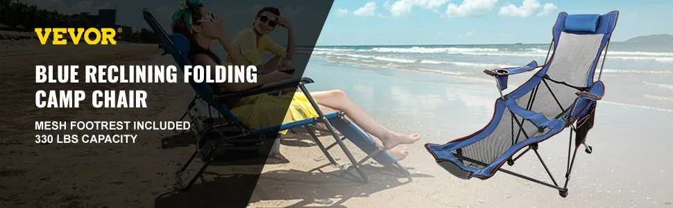 VEVOR folding camp chair with mesh footrest shown on a sunny beach.
