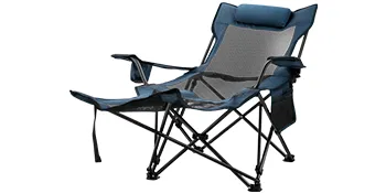 blue VEVOR folding camp chair with mesh back and armrest pockets, extended footrest.