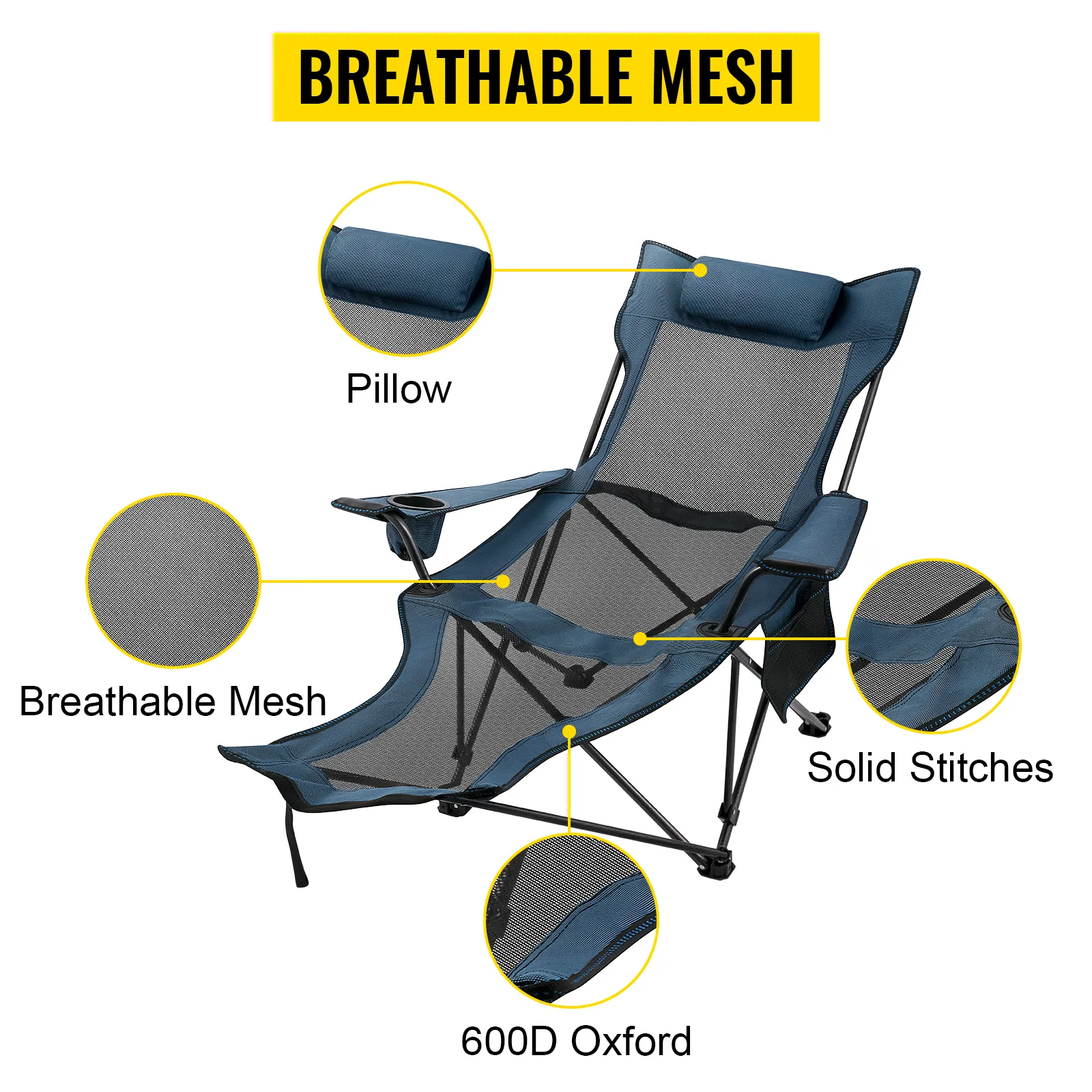 VEVOR folding camp chair with breathable mesh, pillow, solid stitches, and 600d oxford.