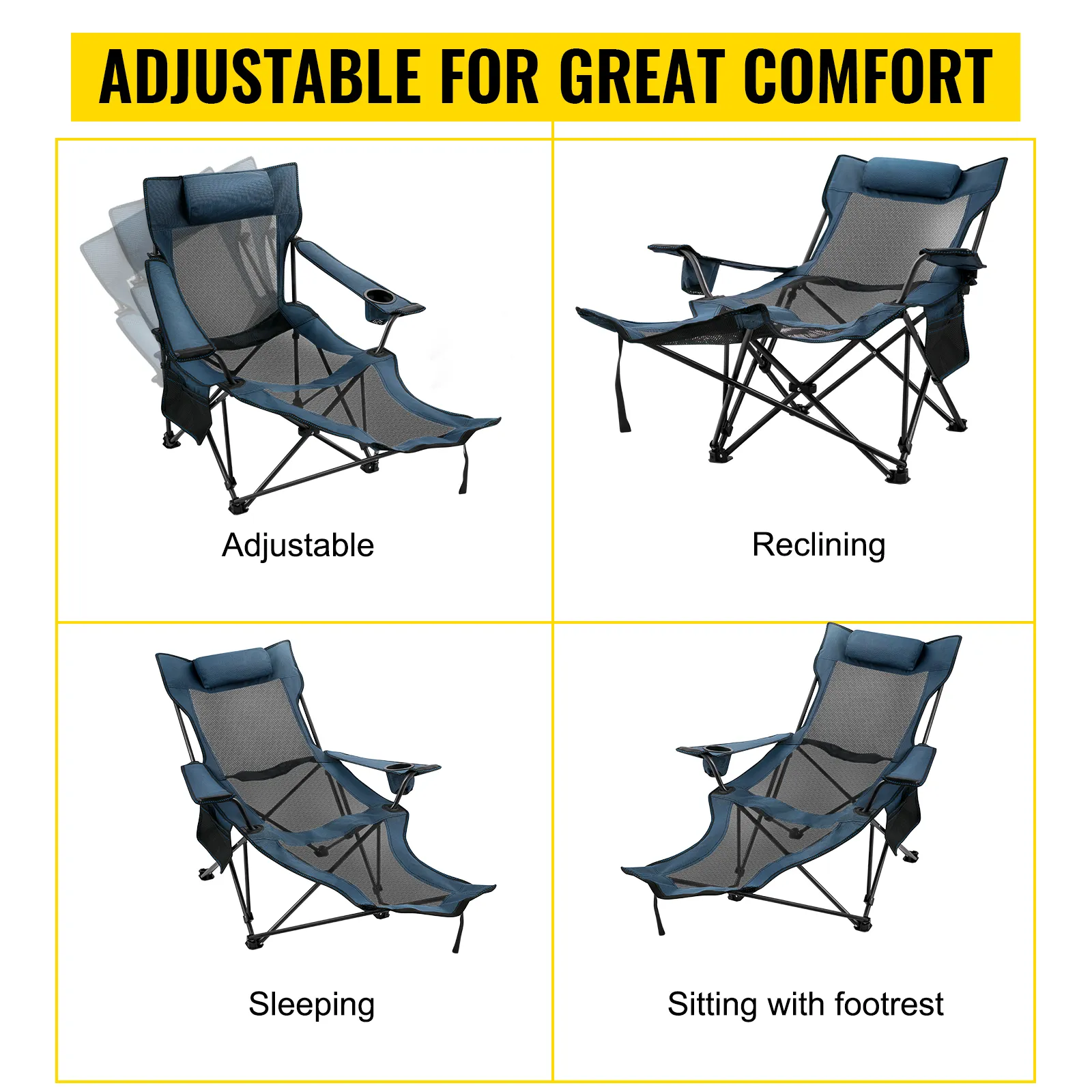 VEVOR folding camp chair in adjustable, reclining, sleeping, and sitting positions.
