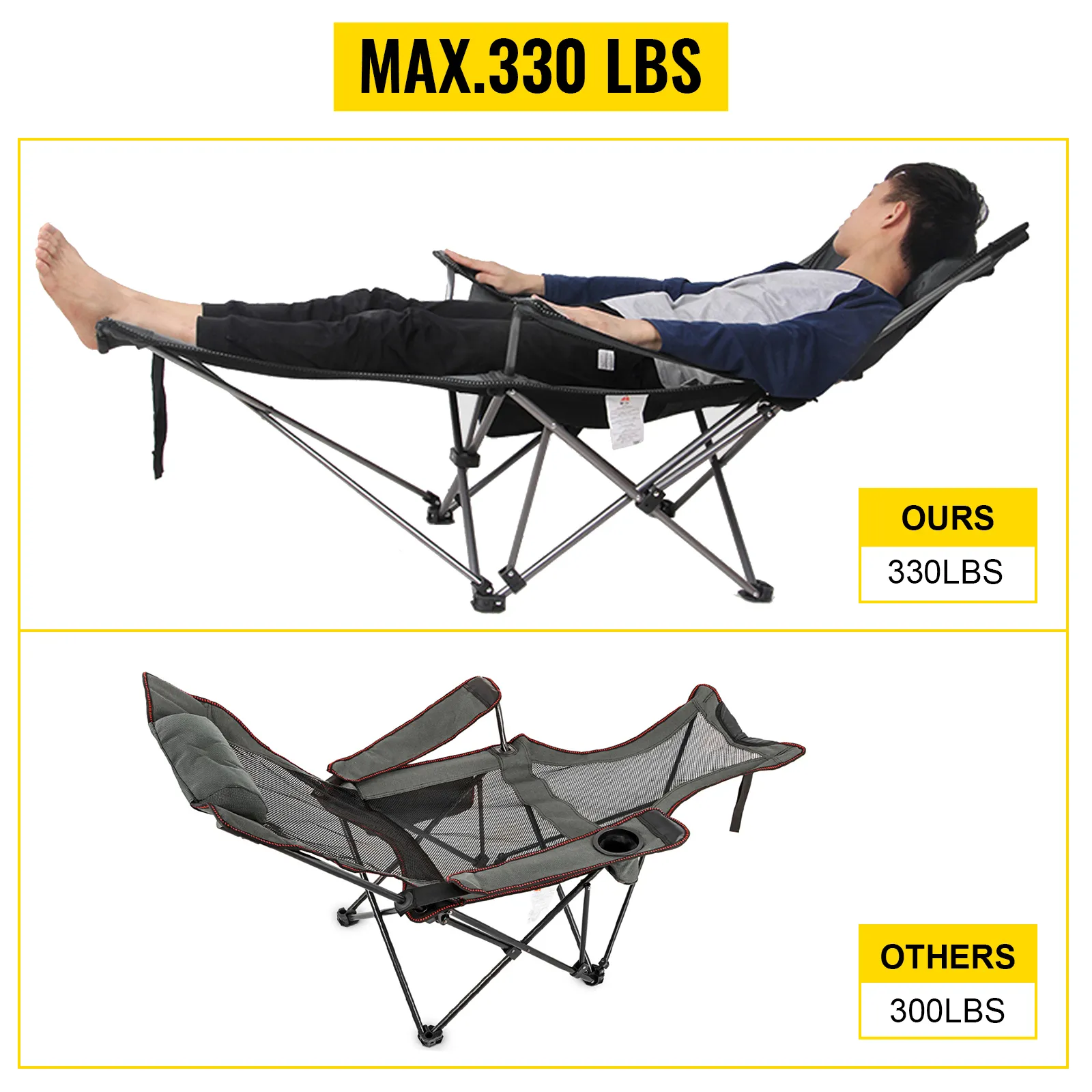 VEVOR folding camp chair supporting 330 lbs vs competitor at 300 lbs.