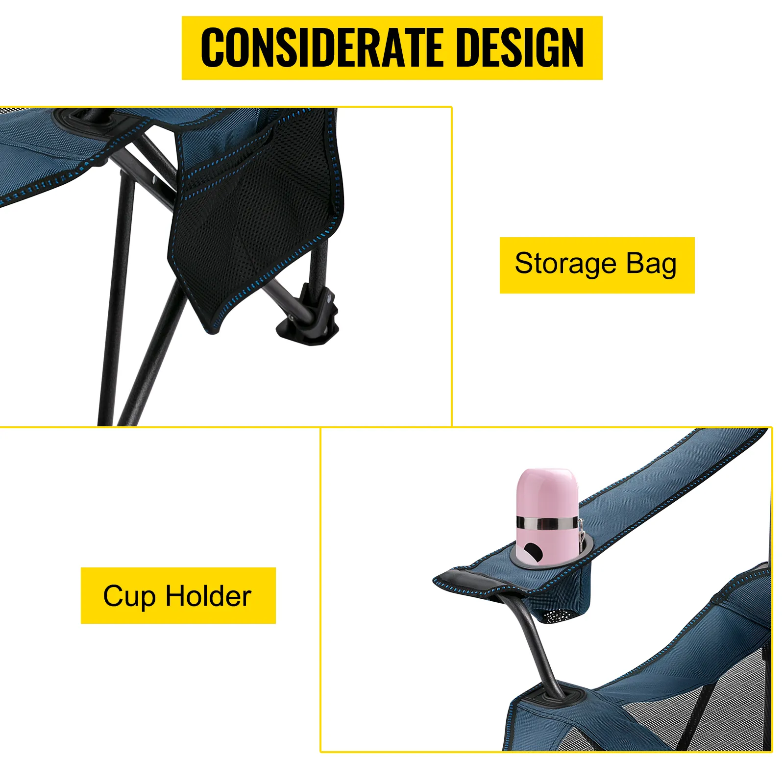 VEVOR folding camp chair with cup holder and storage bag.