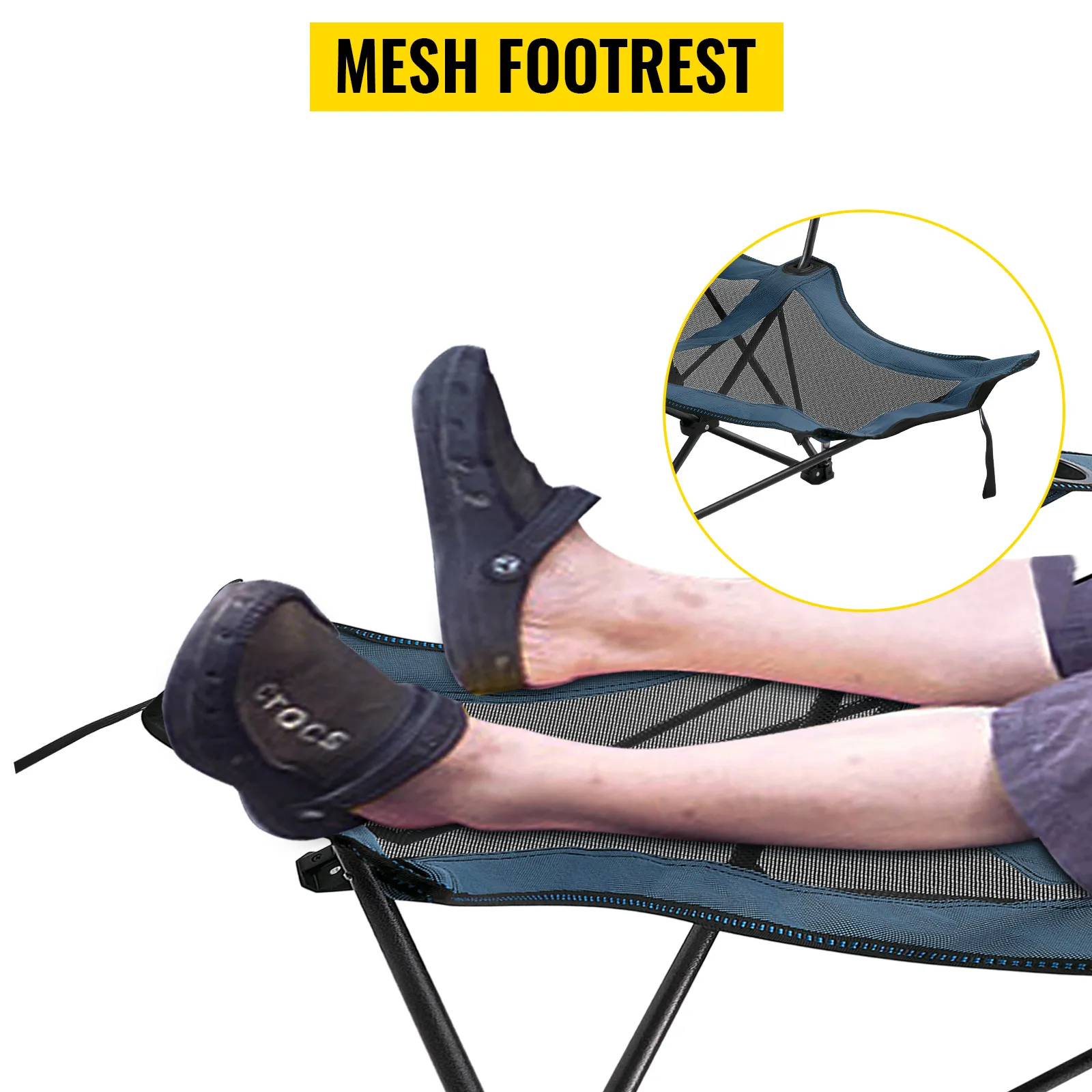 VEVOR folding camp chair with mesh footrest for comfort and relaxation.