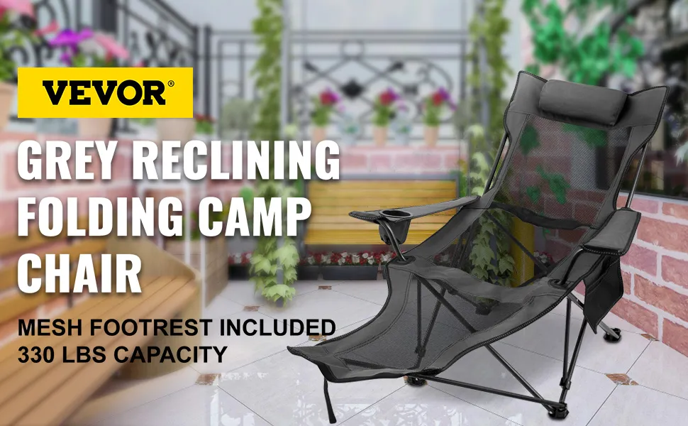 VEVOR grey reclining folding camp chair with mesh footrest, 330 lbs capacity.