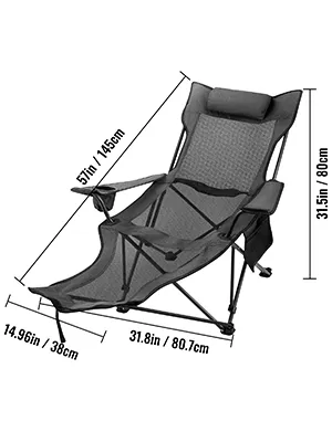 VEVOR folding camp chair with headrest, armrests, and footrest dimensions shown.