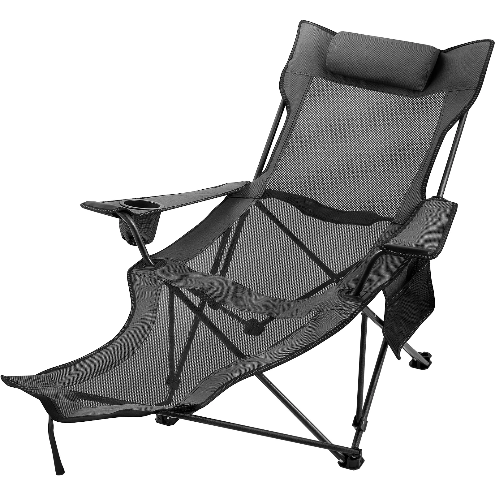 black VEVOR folding camp chair with mesh seating and built-in cup holder.
