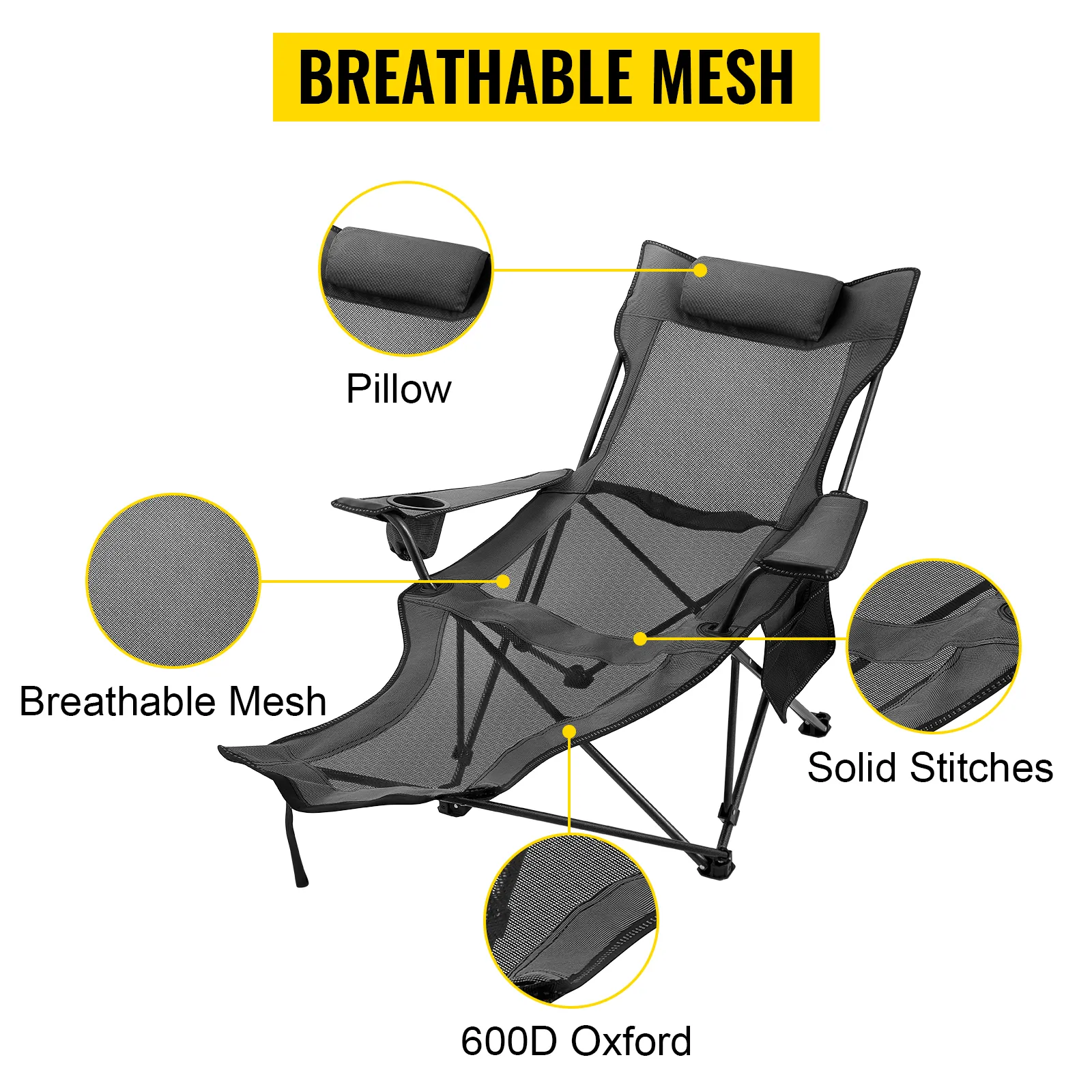 VEVOR folding camp chair with breathable mesh, pillow, and 600d oxford fabric.