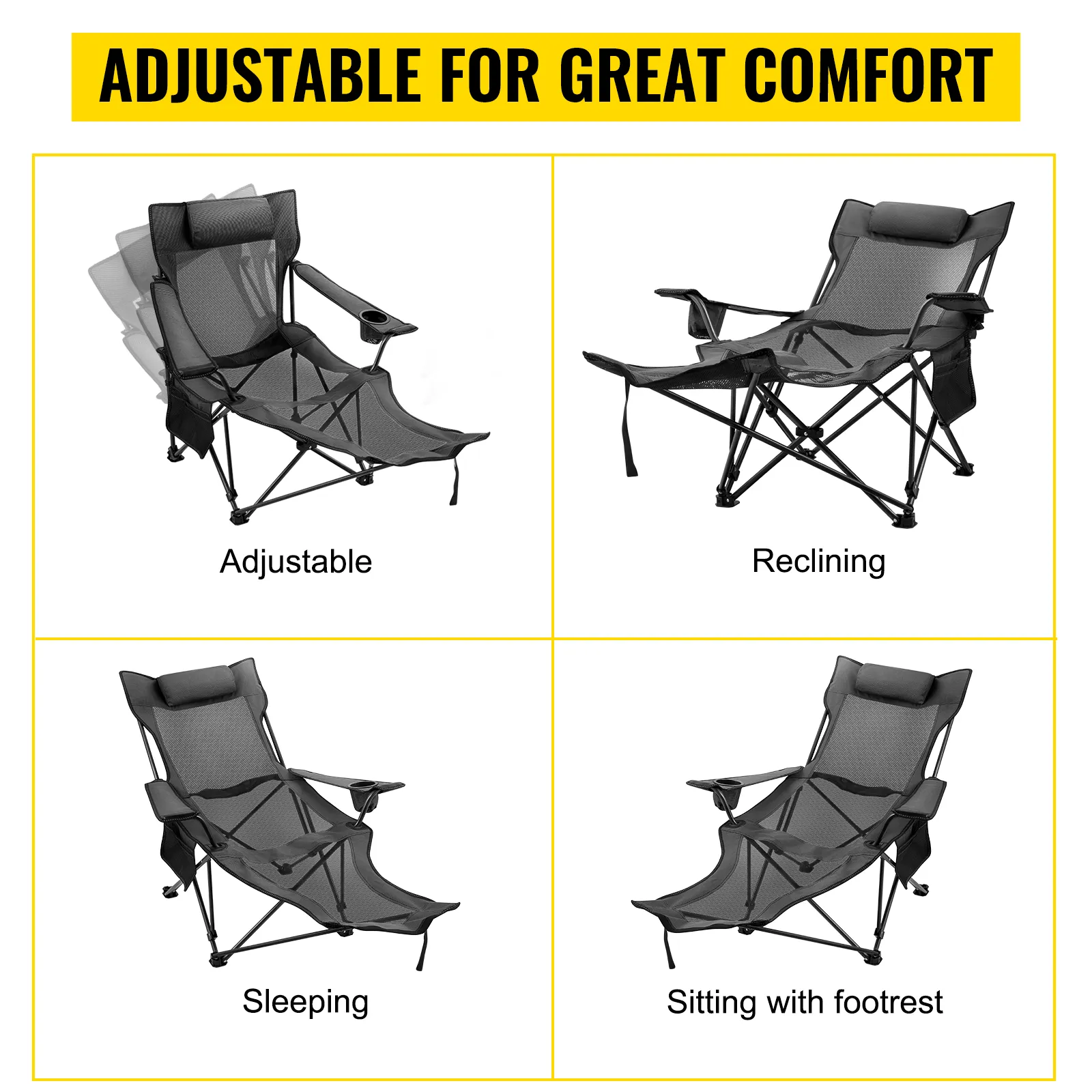 VEVOR folding camp chair showcasing adjustable, reclining, sleeping, and sitting positions.